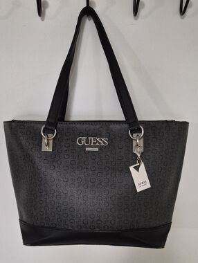 Guess Black Logo Pattern Tote Bag with Silver Hardware